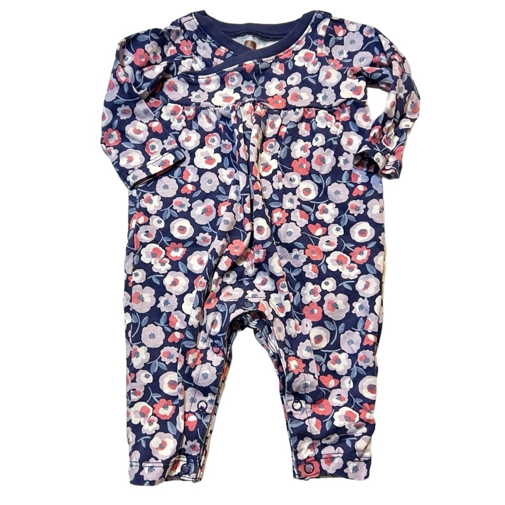 Tea Collection Baby Girl's Navy Pink Floral Button Snap Long Sleeve Romp…